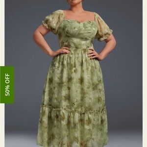 Curveins Plus-Size Draped Collar Puff Sleeve Floral Print Maxi Dress